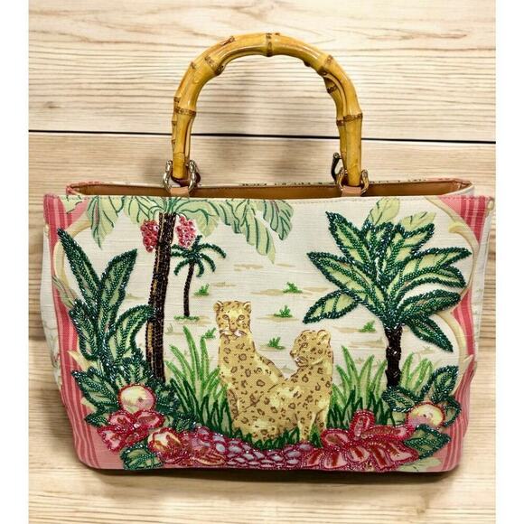 Y2K Isabella Fiore Sequined Leopard Print Bamboo Handle Tote Bag - Picture 1 of 13